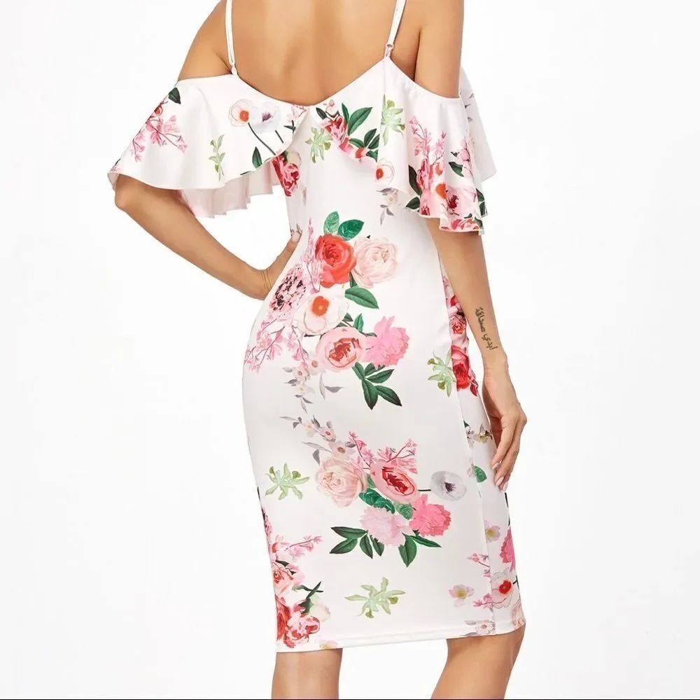 ✨2xHP✨Open Shoulder Rose Print Frill Dress✨ - Picture 5 of 6